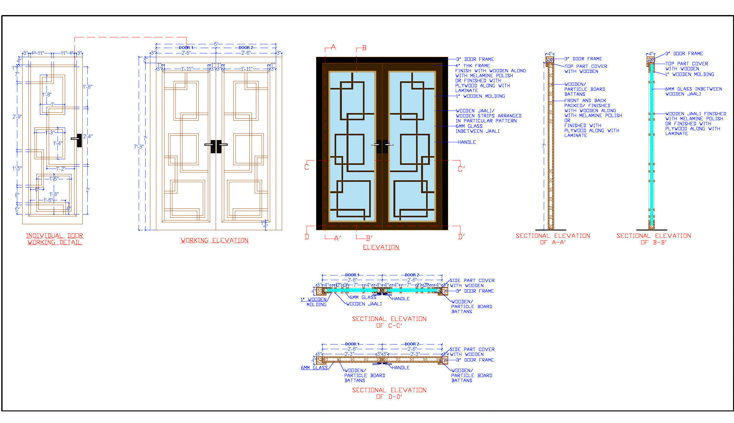 Wood and Glass Entrance Door- Professional CAD Drawing